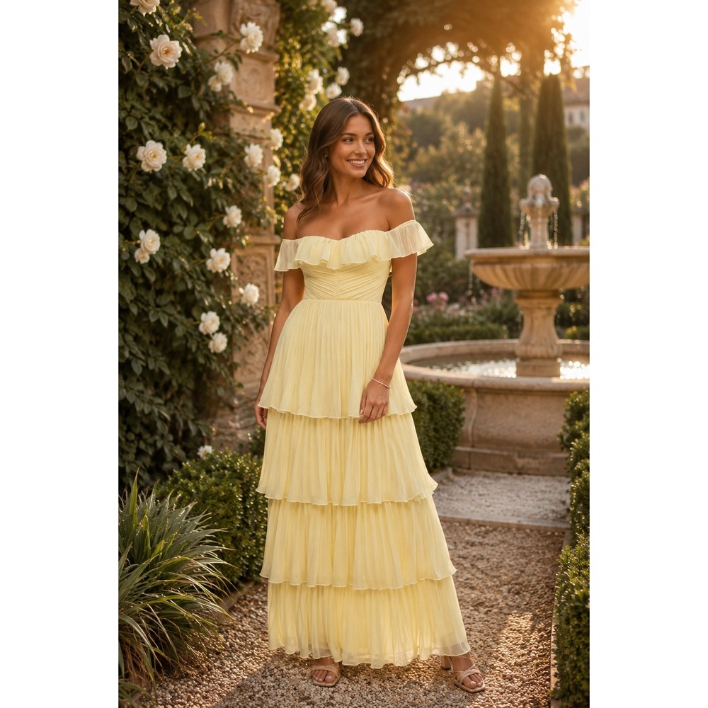 Lulu's Pale Yellow Off-Shoulder Tiered Maxi Dress